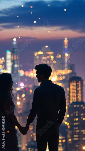 Couple enjoying a romantic moment overlooking a vibrant city skyline at dusk
