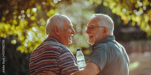 Fitness, walk and senior friends at park for funny joke, hug and laughing at retirement house. Water bottle, elderly men and conversation for healthy body, exercise or physical therapy for wellness
