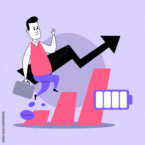 Businessman cheerfully climbing graphs showing growth trends and battery levels, symbolizing progress and energy in professional environment