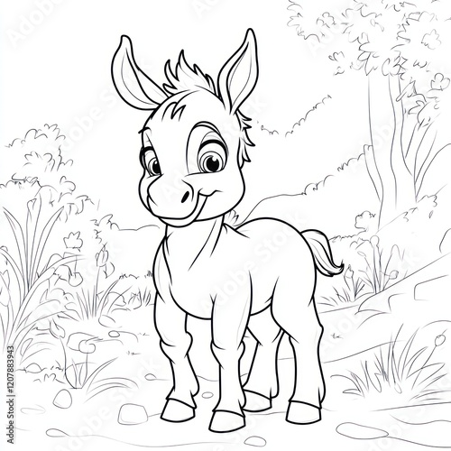 Cute cartoon donkey in a forest, coloring book page, kids activity photo