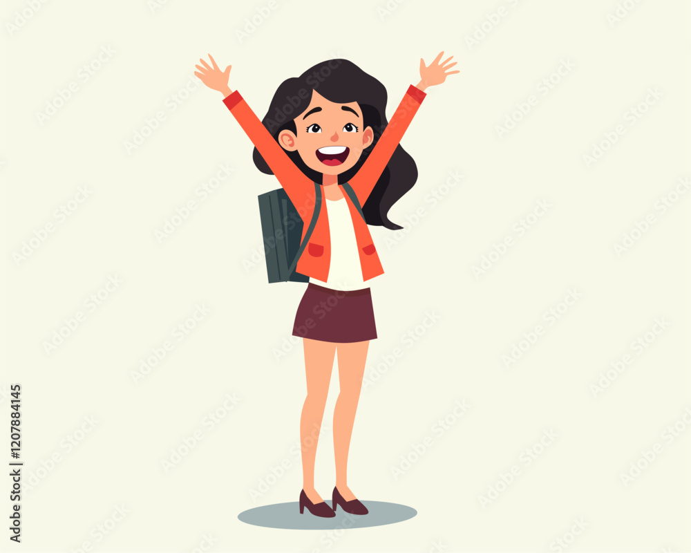 Cheerful cartoon illustration of a young girl with a backpack, wearing a skirt and jacket, raising her hands excitedly. Perfect for school, education, or happiness themes Cheerful cartoon illustration of a young girl with a backpack, wearing a skirt and jacket, raising her hands excitedly. Perfect for school, education, or happiness themes