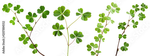 Set of green clover branches, isolated on transparent background