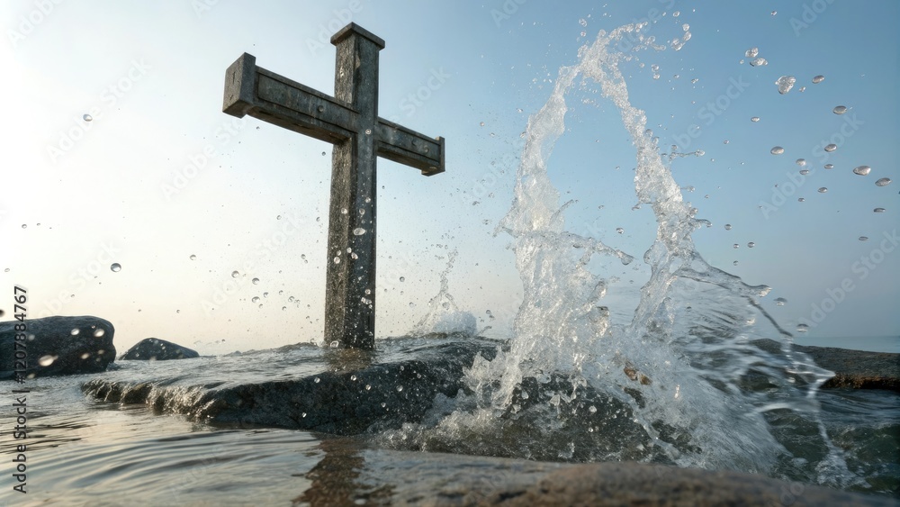 Fototapeta premium Baptismal cross with water splashes, baptism, religious art, sacrament, worship