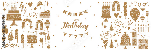 Happy Birthday gold banner. Sketch party decoration, gift box, cake, party. Hand drawn elements. Vector illustration