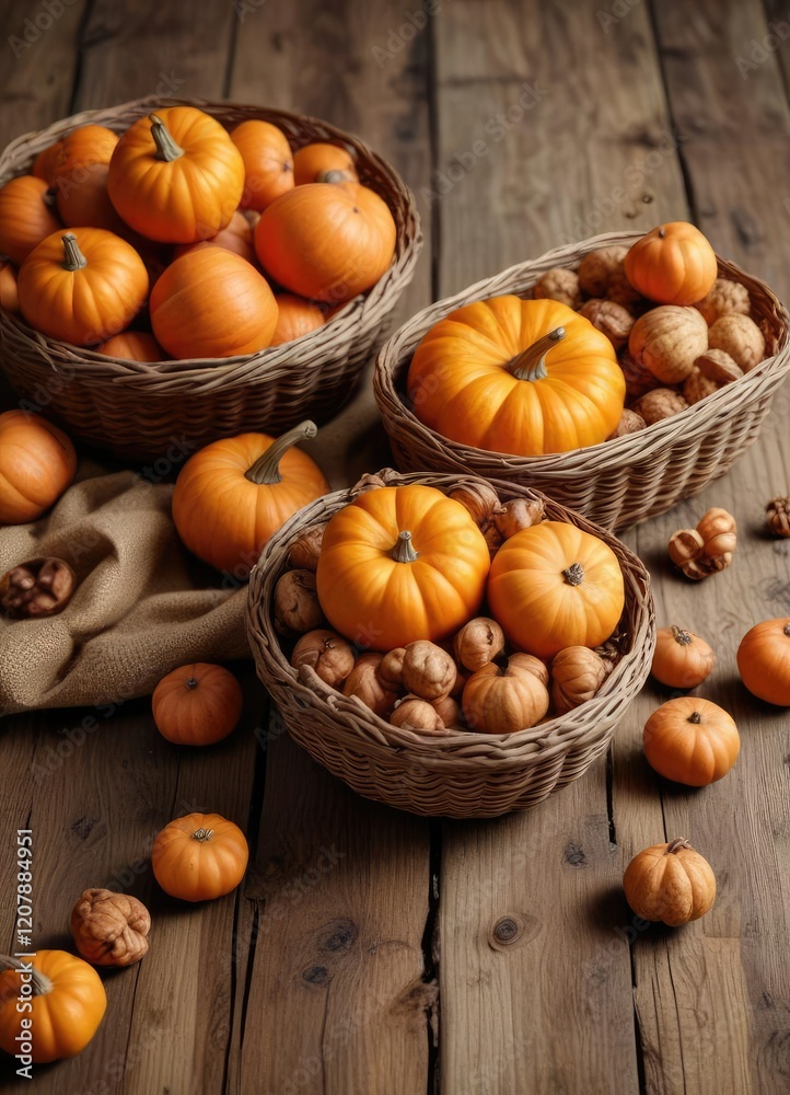 Baskets filled with walnuts and pumpkins arranged artfully on a wooden planks, fall, wood Baskets filled with walnuts and pumpkins arranged artfully on a wooden planks, fall, wood