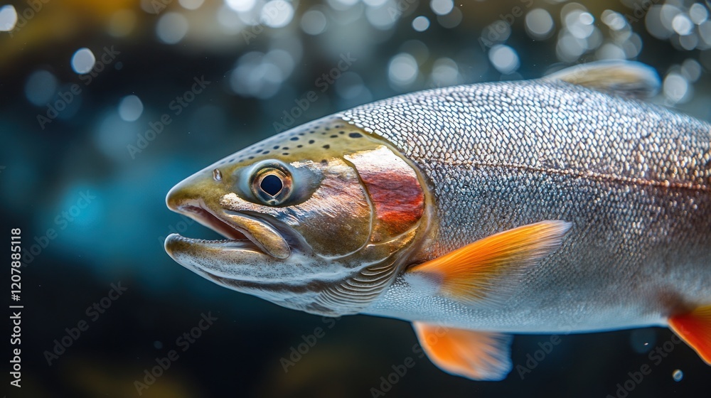 Fototapeta premium Aquarium Trout Closeup, Bubbles, Underwater
