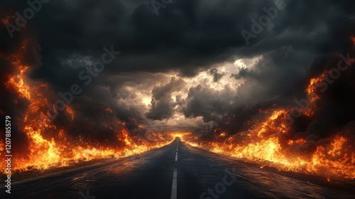 Dramatic scene of a road surrounded by raging flames on both sides, with dark stormy clouds in the background creating an intense and apocalyptic atmosphere.