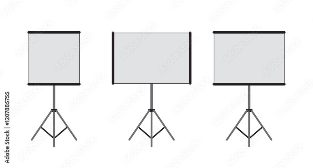 Three presentation screens on a tripod: square and two rectangular formats. Three presentation screens on a tripod: square and two rectangular formats.
