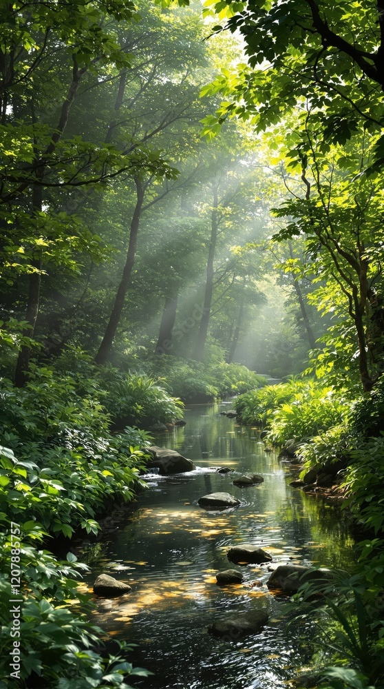 Obraz premium Beautiful small creek winding through dense woods, woods, wilderness, creek, foliage