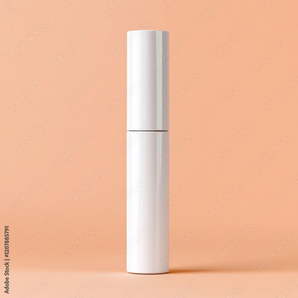 Eyeliner tube mockup. Minimalist white cosmetic container on a soft peach background. Eyeliner tube mockup. Minimalist white cosmetic container on a soft peach background.