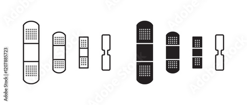 Black-and-white icons of band-aids of various shapes: rectangular, rounded, with holes, thin and wide.