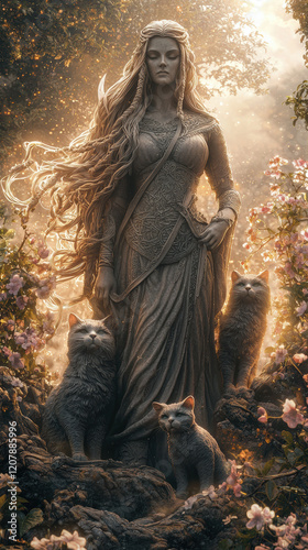 statue of goddess surrounded by three cats in floral setting, radiating mystical aura photo