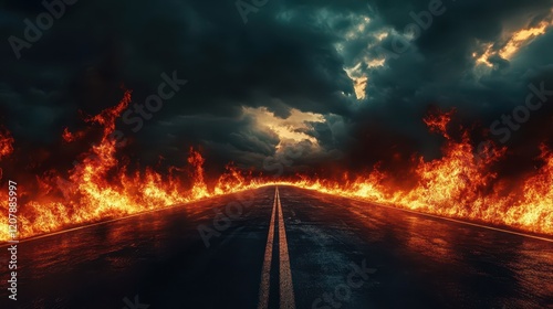 Dramatic scene of a road surrounded by raging flames on both sides, with dark stormy clouds in the background creating an intense and apocalyptic atmosphere.