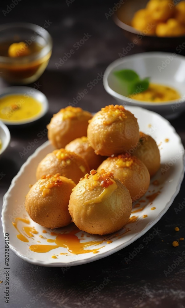 Besan ladoo in a plate with a drizzle of honey on top , Dessert, Crunchy outside, Honey Besan ladoo in a plate with a drizzle of honey on top , Dessert, Crunchy outside, Honey