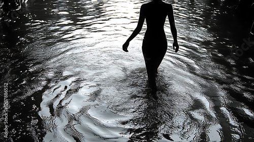 Silhouette Woman Walking Through Water