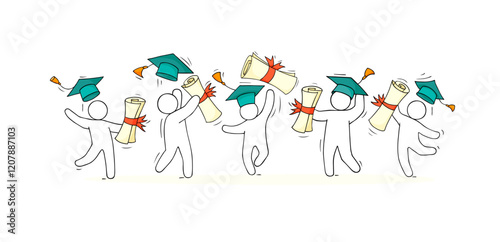 Happy students graduates on ceremony for university or college degree diploma. Success high school education concept. Vector hand drawn people throw graduation caps and certificate scrolls in air