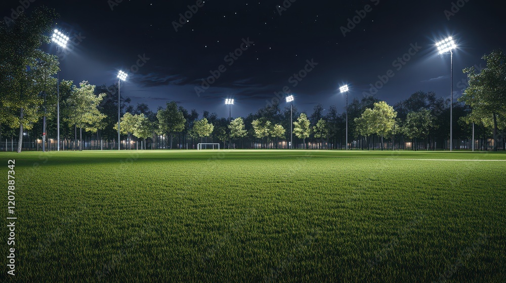 A well-maintained green grass sports field illuminated by bright stadium lights in a dark night setting. Ideal for sports event themes or promotional designs. A well-maintained green grass sports field illuminated by bright stadium lights in a dark night setting. Ideal for sports event themes or promotional designs.