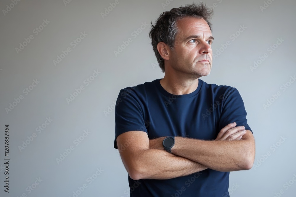 Portrait of a Pensive Middle Aged Man Wearing a Navy Blue T Shirt Arms Crossed Serious Expression Thoughtful Adult Male Studio Shot Casual Attire calm Portrait of a Pensive Middle Aged Man Wearing a Navy Blue T Shirt Arms Crossed Serious Expression Thoughtful Adult Male Studio Shot Casual Attire calm