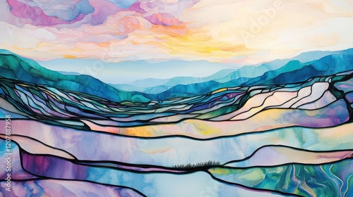 Abstract Rice Terraces Sunset Landscape Print