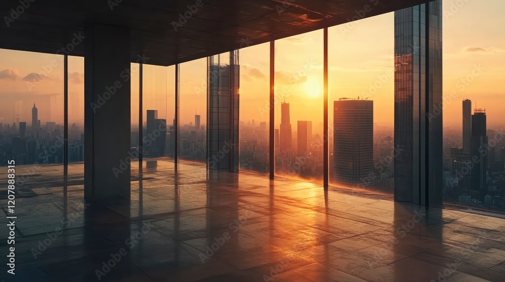Fototapeta premium Empty square floors and city skyline with modern buildings at sunset in. high angle view.
