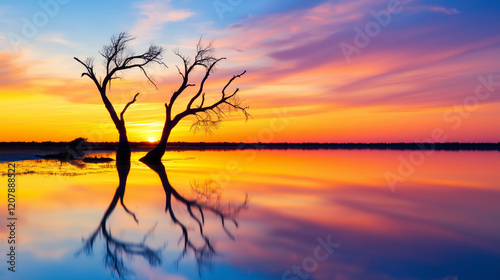 sunset reflecting on calm wetland with silhouettes of trees creates serene atmosphere