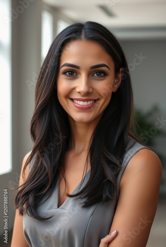Confident Young Woman with Long Hair Smiling in Modern Office Setting Free Download Confident Young Woman with Long Hair Smiling in Modern Office Setting - GFXLoad