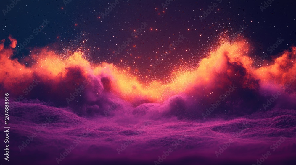 Vibrant cosmic clouds illuminated by fiery colors, creating a surreal atmosphere in space