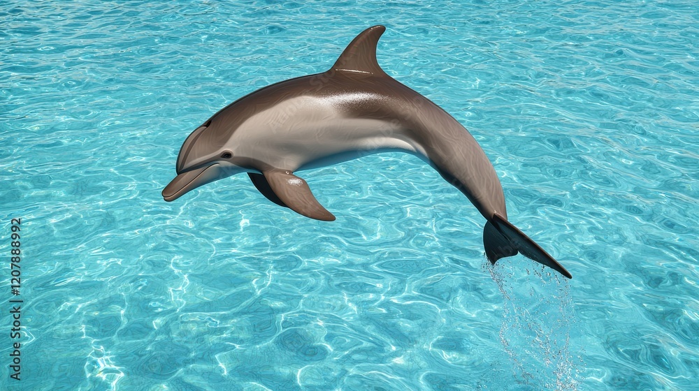 Obraz premium A dolphin gracefully leaps above the shimmering blue water, showcasing its agility and playful nature in a vibrant aquatic environment.