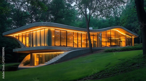 Evening-lit residence with textured concrete lower levels, large glass windows, and LED light strips accentuating its modern style