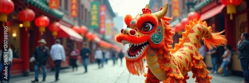 Colorful dragon dance performance in Chinatown street, lion dance, colorful, chinatown