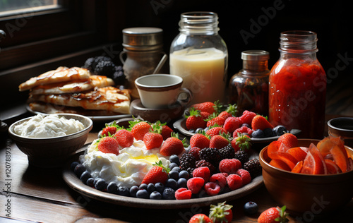 Healthy Russian Breakfast Spread,.Generative AI photo