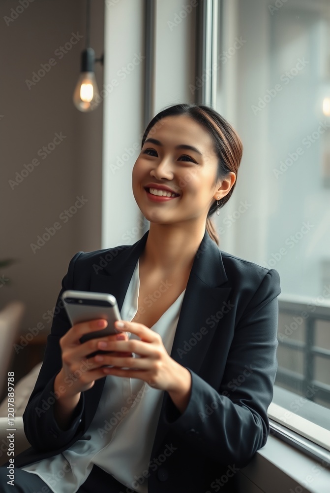 Smiling Businesswoman Using Smartphone in Modern Office Setting Smiling Businesswoman Using Smartphone in Modern Office Setting
