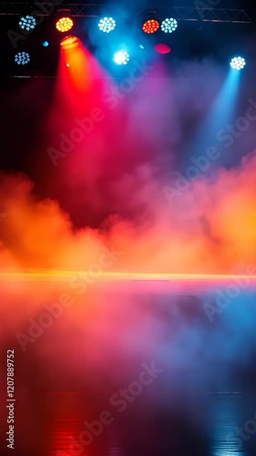 Lighting effects create vibrant atmosphere with colorful mist during a nighttime performance at a concert venue