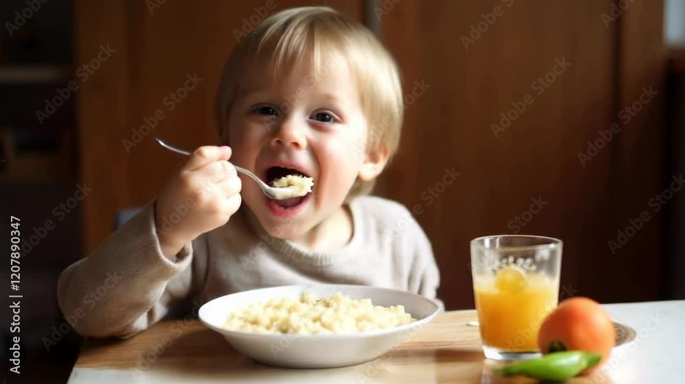 Little child eating breakfast, animation Little child eating breakfast, animation