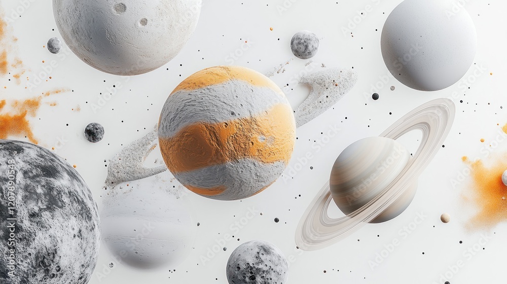 Fototapeta premium Planets, orbiting, space, nebula, white background, cosmic, design, illustration