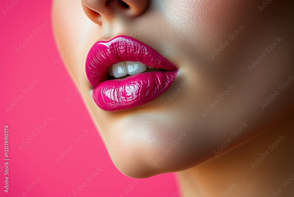 Close-Up of Glossy Pink Lips Against a Vibrant Pink Background Close-Up of Glossy Pink Lips Against a Vibrant Pink Background