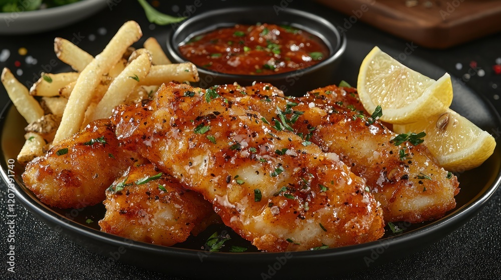 Delicious Crispy Fish and Chips with Spicy Sauce Delicious Crispy Fish and Chips with Spicy Sauce