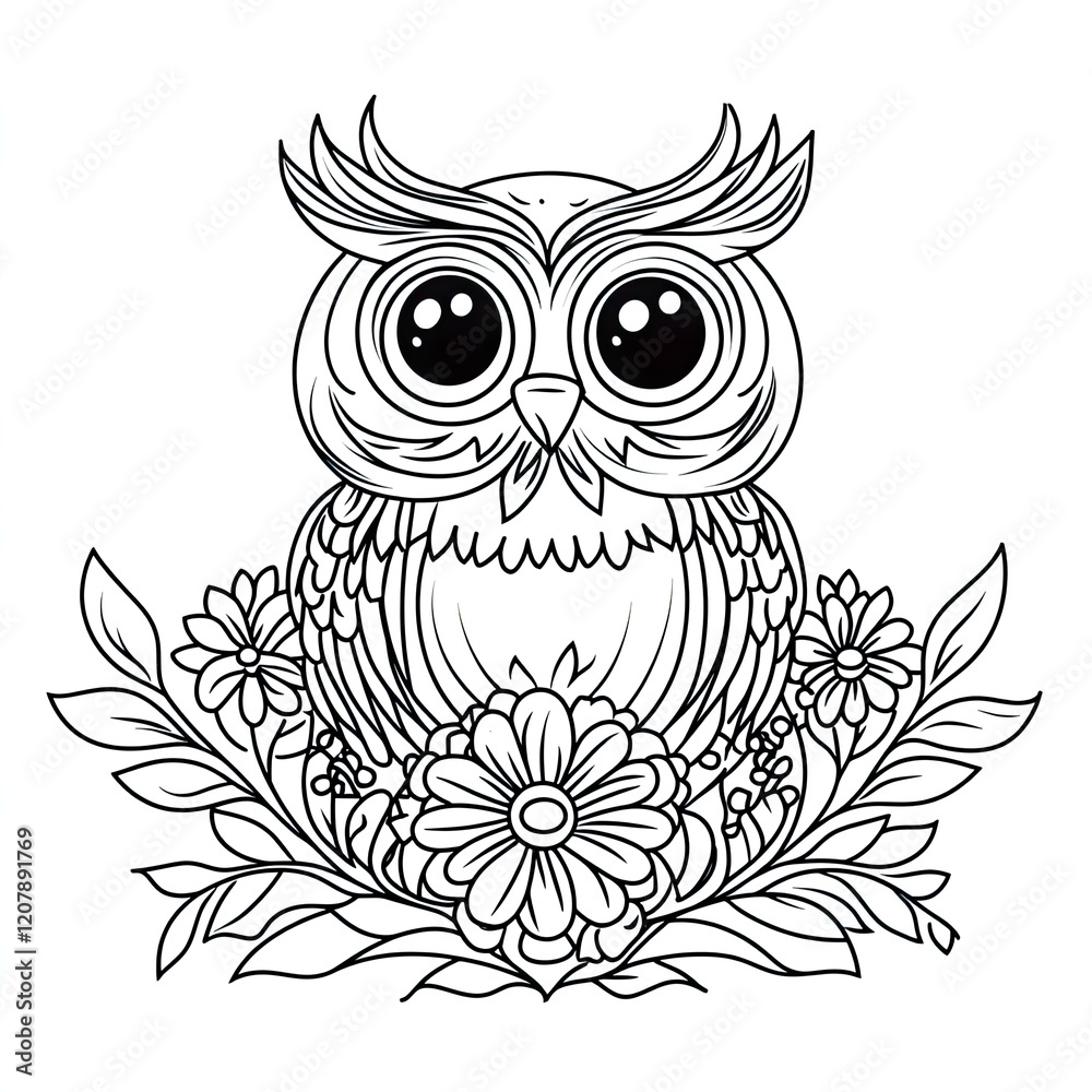 Fototapeta premium Adorable Owl with Flower Simple Coloring Page for Kids