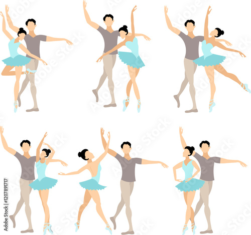 Vector people.  Ballet couple. Set of ballet couples. A beautiful ballet couple dances classical ballet. Vector illustration isolated