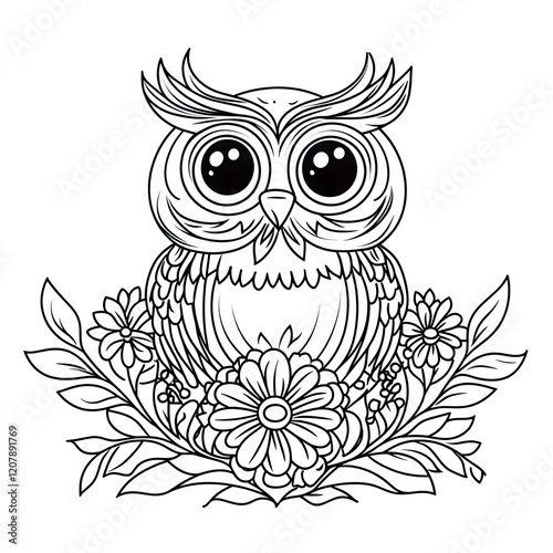 Adorable Owl with Flower Simple Coloring Page for Kids photo
