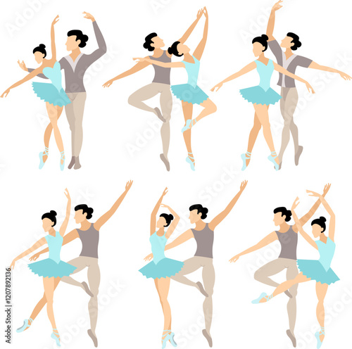 Vector people.  Ballet couple. Set of ballet couples. An adult man and woman dance classical ballet. Vector illustration isolated