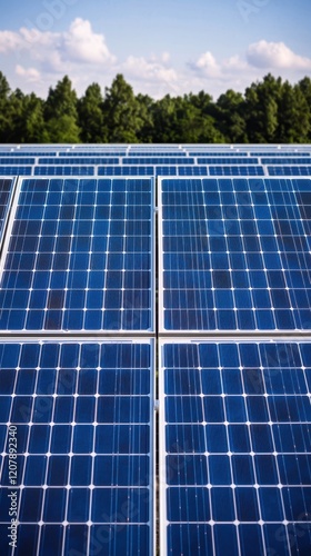 Solar Zenith concept. A close-up view of solar panels reflecting sunlight, surrounded by greenery, emphasizing renewable energy and sustainability.