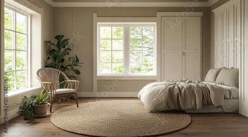 3D rendering of a cozy bedroom with beige cabinet doors, white wall panels, and wooden flooring. The room features an elegant bed with plush bedding, a comfortable armchair, a round rug on the floor, 
