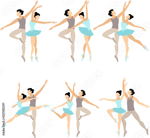 Vector people.  Ballet couple. Set of ballet couples. A graceful man and woman dance classical ballet. Vector illustration isolated