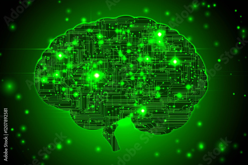 Tech circuit board shaped like brain glowing green background photo