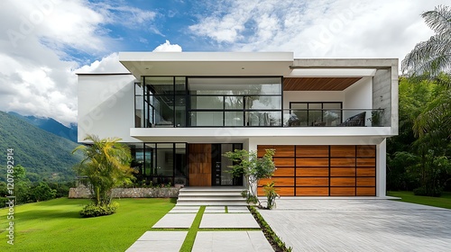 Sleek and modern exterior with a clean white facade, asymmetrical metal accents, and wooden panels for an elevated visual appeal photo