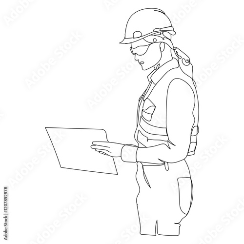 dessin en ligne continue d'une femme au travail, de profil, line art, vecteur	
