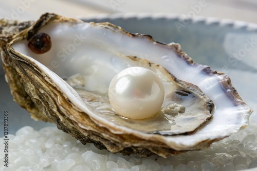 Close-up of a mature cultured pearl nestled in its oyster shell, luminous interior, pearl farming