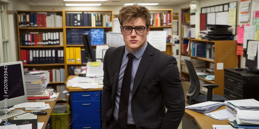 Young Caucasian man in a suit standing confidently in a busy office environment. Young Caucasian man in a suit standing confidently in a busy office environment.