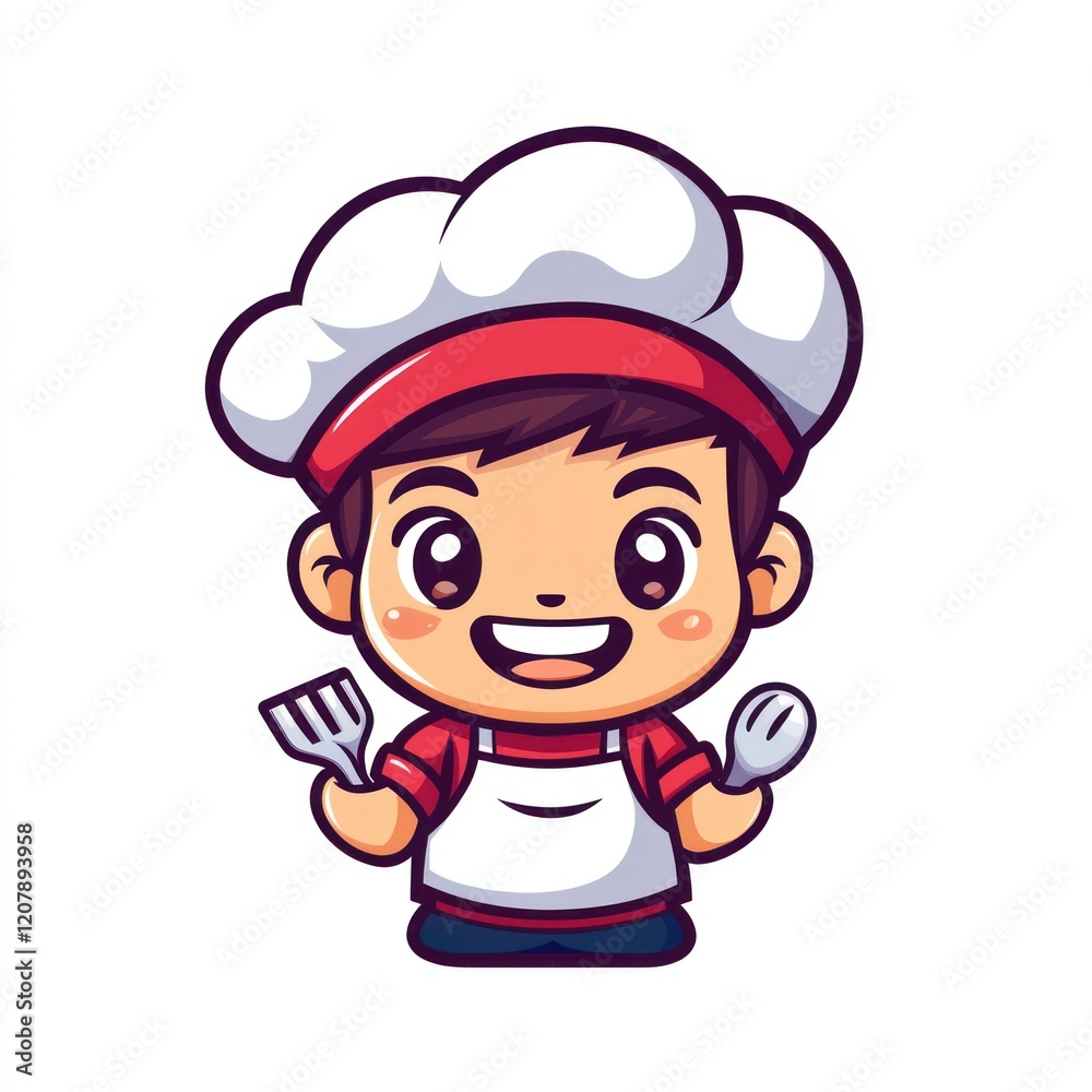 Cartoon chef with spatula and spoon, ready to cook, isolated for kids' resources Cartoon chef with spatula and spoon, ready to cook, isolated for kids' resources